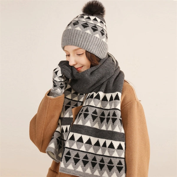 3Pcs Knitted Set Hat With Pom Scarf Touch Screen Gloves