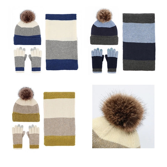 3Pcs Knitted Set Hat With Pom Scarf Touch Screen Gloves