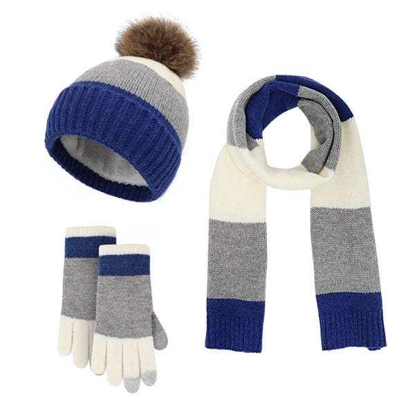 3Pcs Knitted Set Hat With Pom Scarf Touch Screen Gloves
