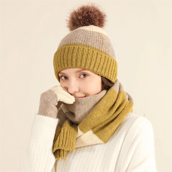 3Pcs Knitted Set Hat With Pom Scarf Touch Screen Gloves