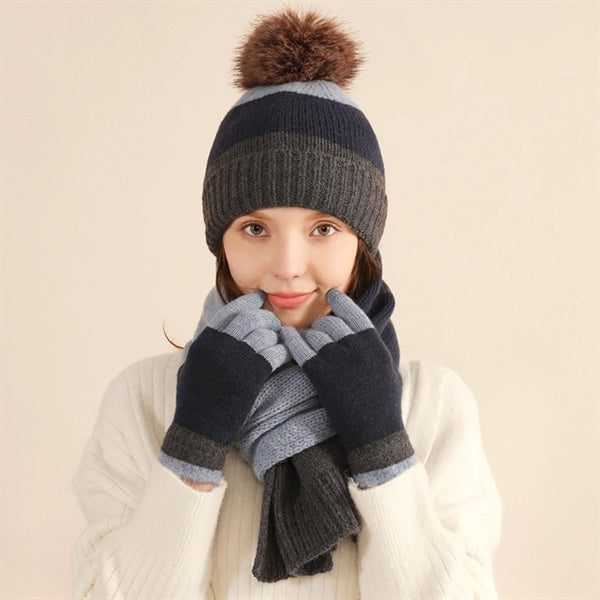 3Pcs Knitted Set Hat With Pom Scarf Touch Screen Gloves
