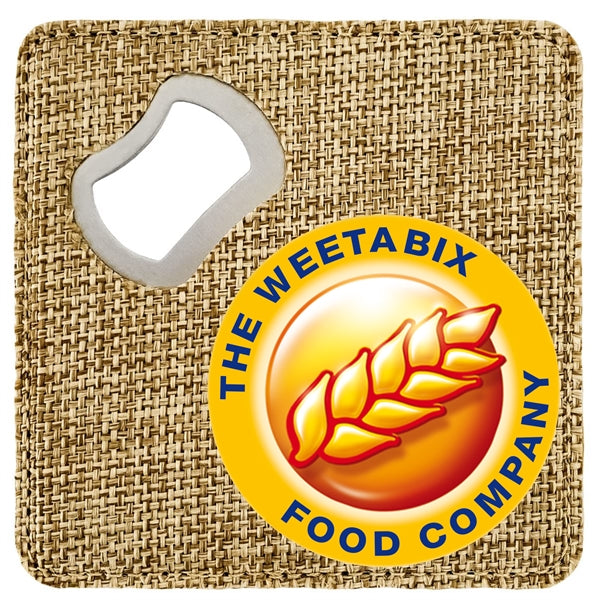 Sublimated 4" x 4" Square Burlap Bottle Opener & Coaster
