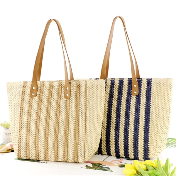 Striped Straw Woven Tote Bag