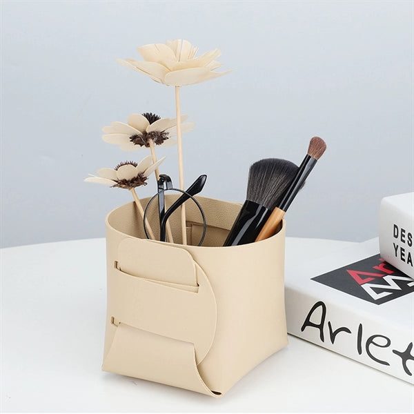 PU Leather Foldable Desk Organizer Storage Brush Pen Holder