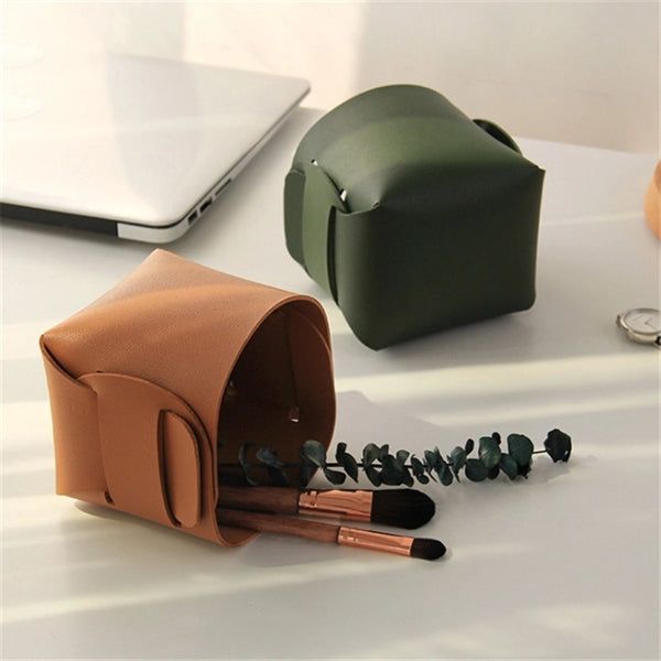 PU Leather Foldable Desk Organizer Storage Brush Pen Holder