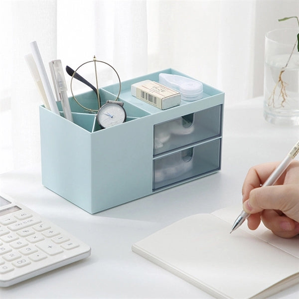 Pen Holder Desk Organizer Storage With 2 Independent Drawers