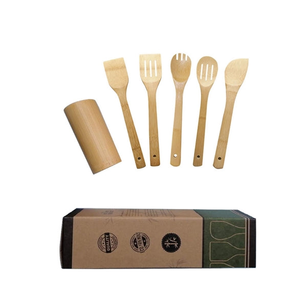 Bamboo Kitchen Utensil Set With Storage Bucket