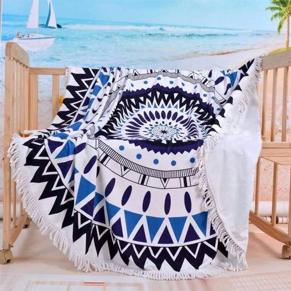 Full Color Round Beach & Picnic Towel With Fringe - 60"