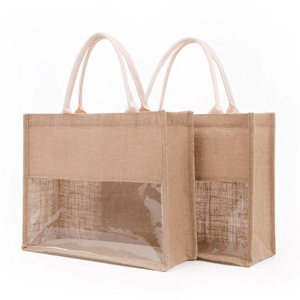 Jute Tote Burlap Bag with Clear Window