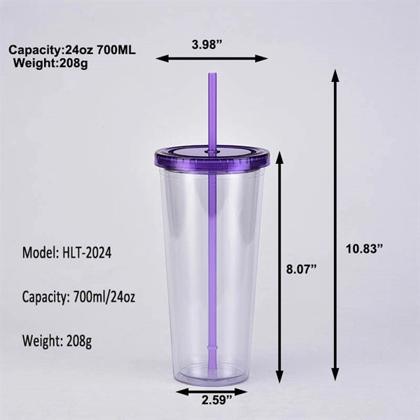 24oz Double Walled Plastic Cup With Straw
