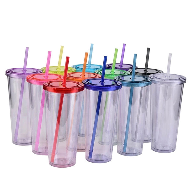 24oz Double Walled Plastic Cup With Straw