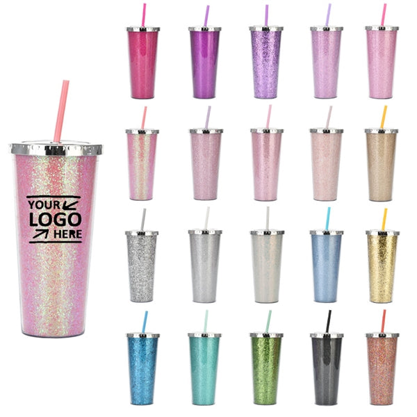 24oz Acrylic Double Wall Glitter Tumbler With Straw