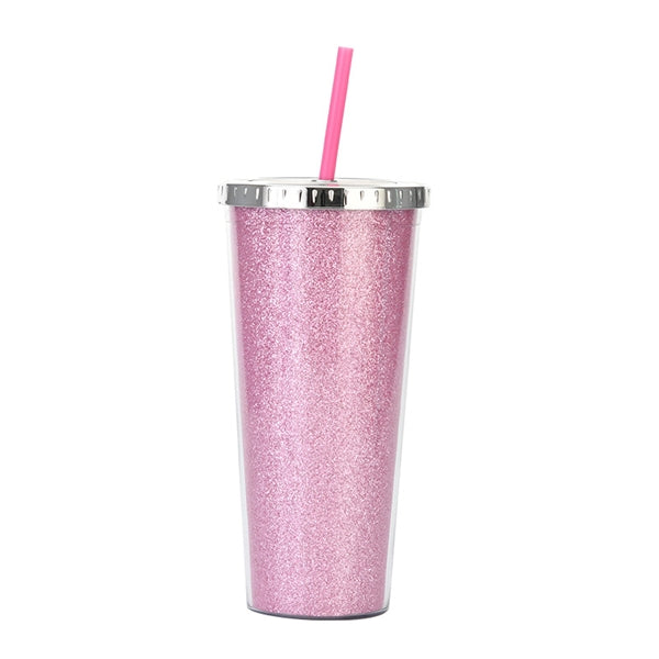24oz Acrylic Double Wall Glitter Tumbler With Straw