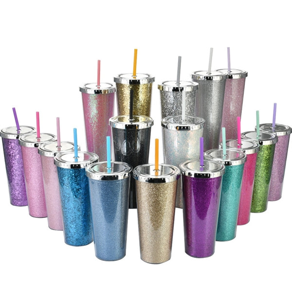 24oz Acrylic Double Wall Glitter Tumbler With Straw