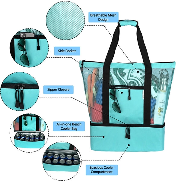 Portable Travel Mesh Beach Tote Bag Insulated Picnic Cooler