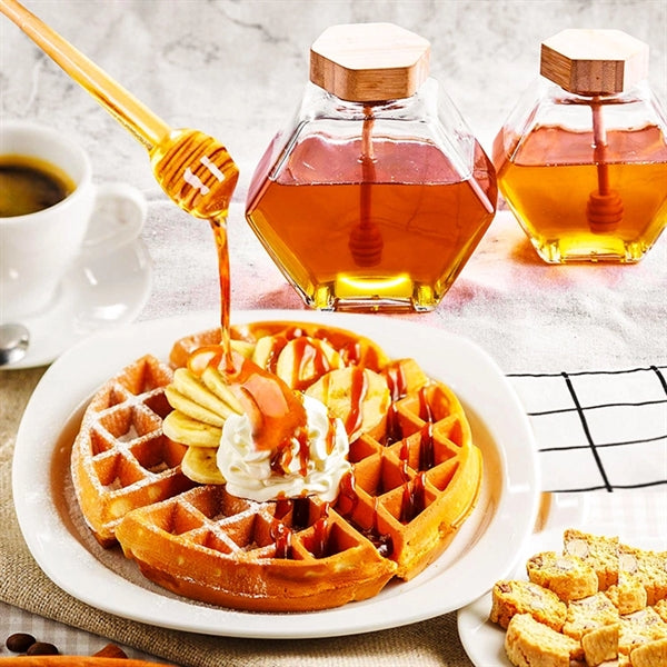Hexagonal Honey Glass Jar With Wood Lid & Dipper Stick