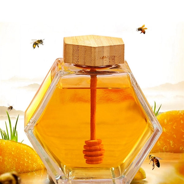 Hexagonal Honey Glass Jar With Wood Lid & Dipper Stick