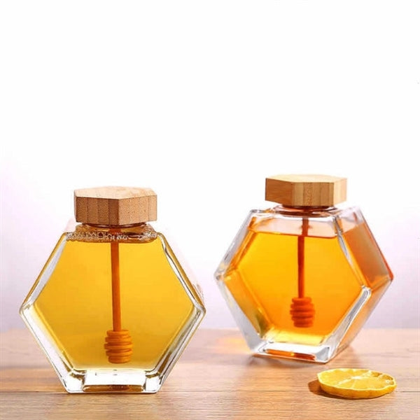 Hexagonal Honey Glass Jar With Wood Lid & Dipper Stick