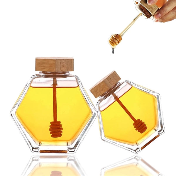 Hexagonal Honey Glass Jar With Wood Lid & Dipper Stick