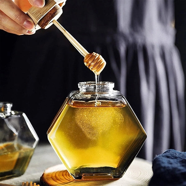 Hexagonal Honey Glass Jar With Wood Lid & Dipper Stick