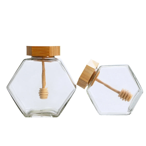 Hexagonal Honey Glass Jar With Wood Lid & Dipper Stick