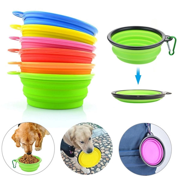 Folding pet feeding travel bowl with carabiners