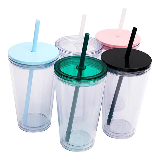 16 Oz. Double Wall Clear Plastic Tumbler with Straw