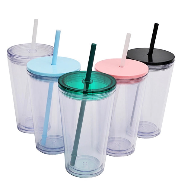16 Oz. Double Wall Clear Plastic Tumbler with Straw