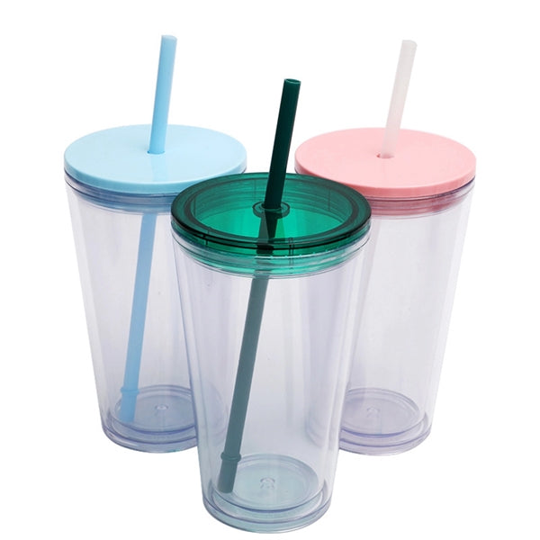 16 Oz. Double Wall Clear Plastic Tumbler with Straw