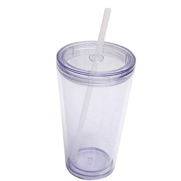 16 Oz. Double Wall Clear Plastic Tumbler with Straw