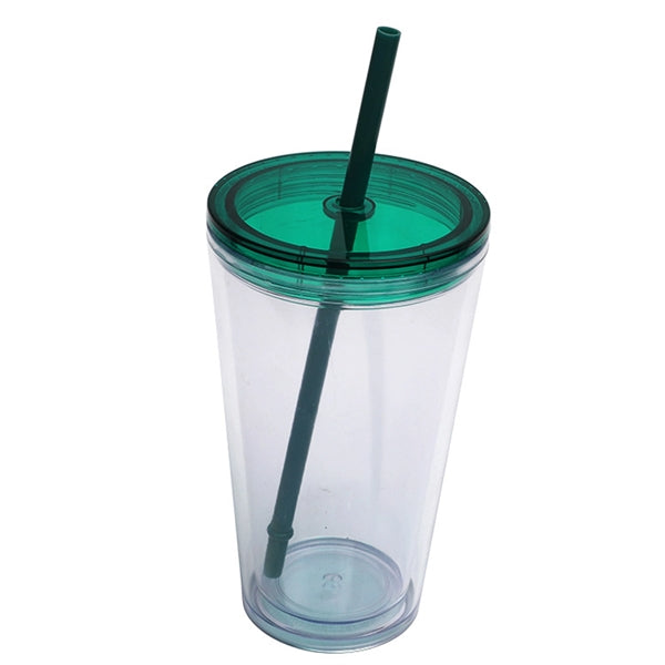 16 Oz. Double Wall Clear Plastic Tumbler with Straw