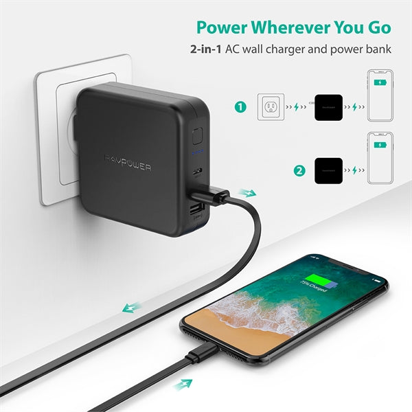 RAVPower 6700mAh Power Bank with Dual USB Wall Charger