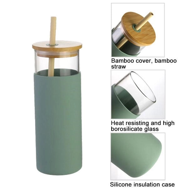 17 OZ Glass Tumbler Bamboo Lid Straw Cup w/ Silicone Sleeve