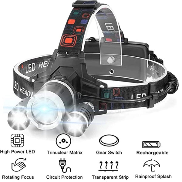 Adjustable 3 Heads Headlamp Rechargeable