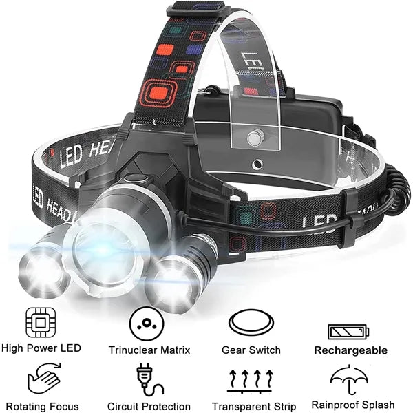 Adjustable 3 Heads Headlamp Rechargeable