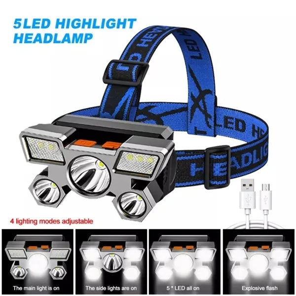 LED Headlamp USB Rechargeable Flashlight 5 Heads
