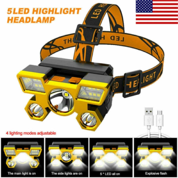 LED Headlamp USB Rechargeable Flashlight 5 Heads