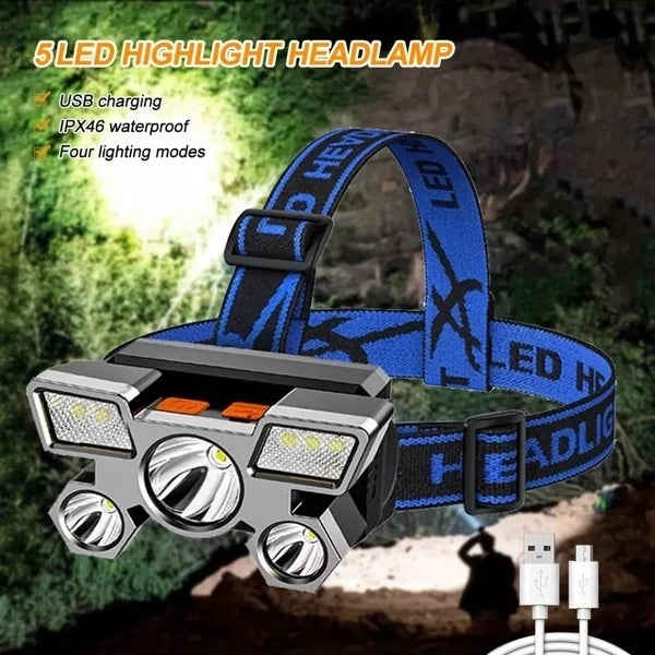 LED Headlamp USB Rechargeable Flashlight 5 Heads