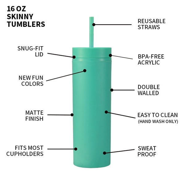 16 Oz Plastic Insulated Skinny Tumbler With Lid And Straw