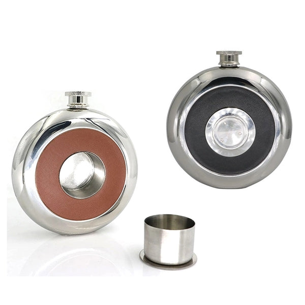 5oz Leather-covered Stainless Steel Hip Flask Built In Cup