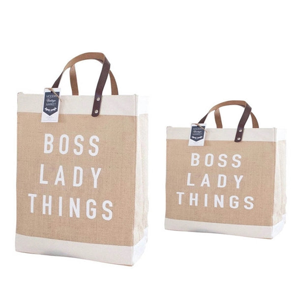 Logo Jute Market Tote Burlap Grocery Bag with Leather