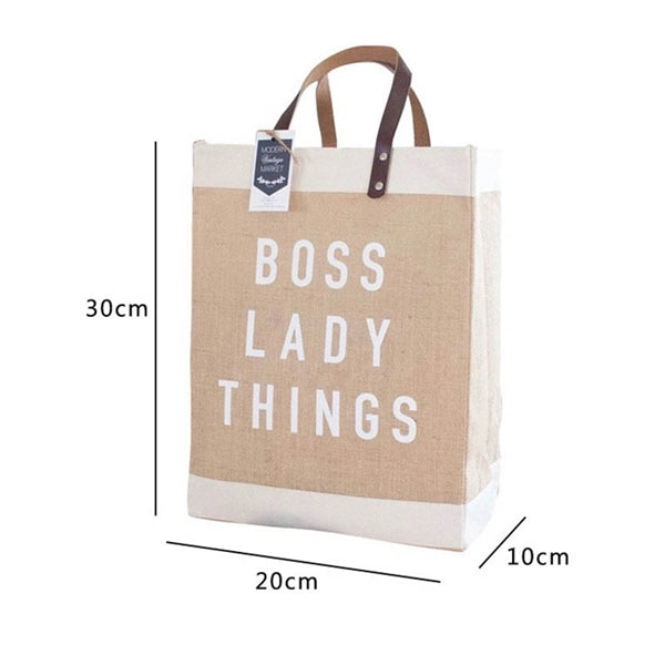Logo Jute Market Tote Burlap Grocery Bag with Leather
