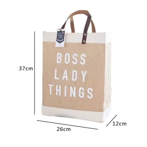 Logo Jute Market Tote Burlap Grocery Bag with Leather
