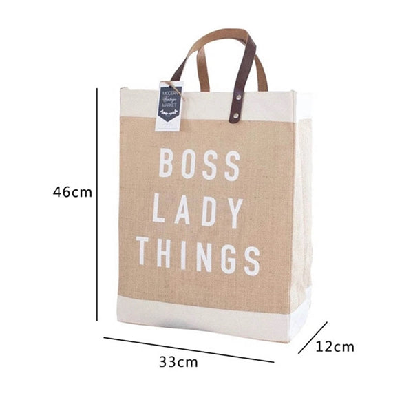 Logo Jute Market Tote Burlap Grocery Bag with Leather