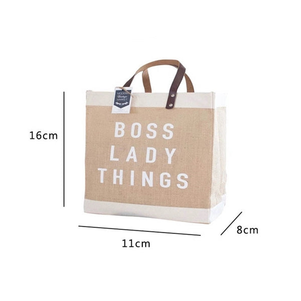 Logo Jute Market Tote Burlap Grocery Bag with Leather