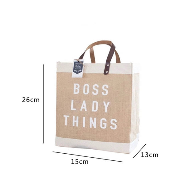 Logo Jute Market Tote Burlap Grocery Bag with Leather