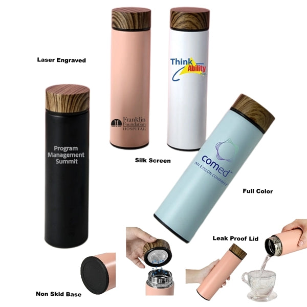 17 oz Wood Cap Double Wall Stainless Steel Thermos Bottle