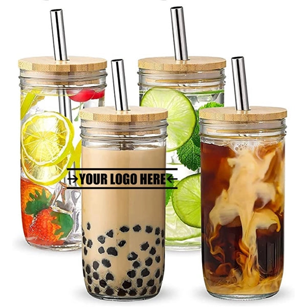 24oz Wide Mouth Glass Tumbler with Bamboo Lid and Straw