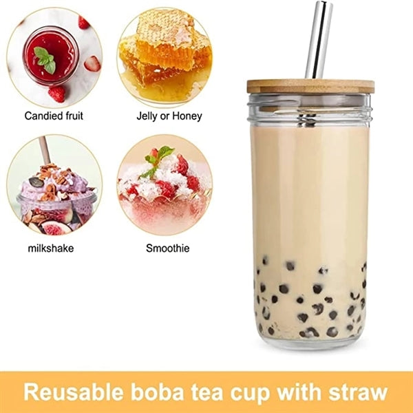 24oz Wide Mouth Glass Tumbler with Bamboo Lid and Straw