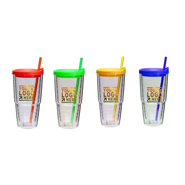 24 Oz. Custom Double Wall Clear Acrylic Tumblers w/ Straw